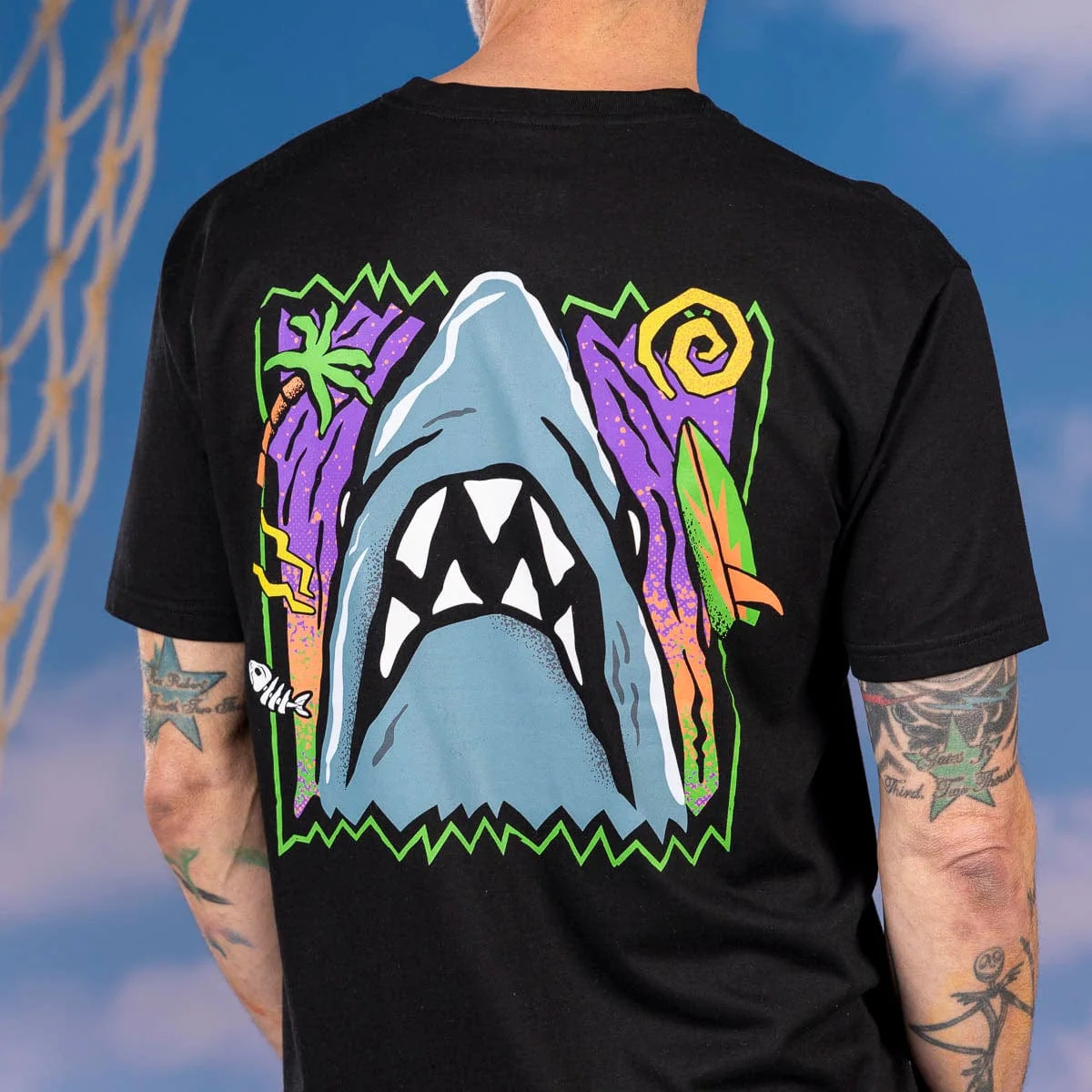 Jaws 50th Anniversary "Sun. Surf. Shark." – Crewneck Tee - Image 4